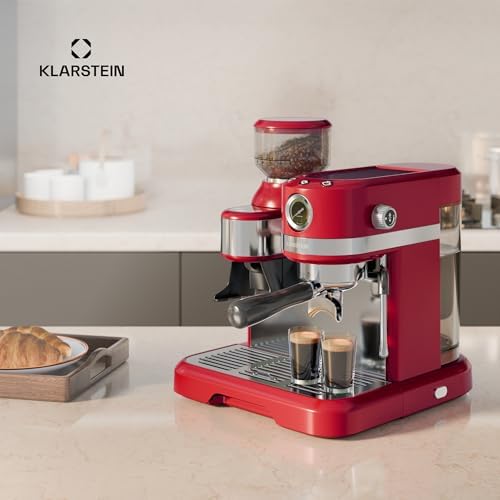 Klarstein Bella Café machine à café en grains – 19 bars, 1550 W, broyeur intégré 200 g, réservoir 1,4 L, mousseur à lait, Thermobloc, Inserts Pour 2 Tasses, rouge