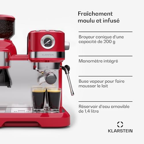 Klarstein Bella Café machine à café en grains – 19 bars, 1550 W, broyeur intégré 200 g, réservoir 1,4 L, mousseur à lait, Thermobloc, Inserts Pour 2 Tasses, rouge
