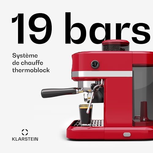 Klarstein Bella Café machine à café en grains – 19 bars, 1550 W, broyeur intégré 200 g, réservoir 1,4 L, mousseur à lait, Thermobloc, Inserts Pour 2 Tasses, rouge