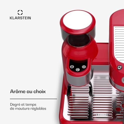Klarstein Bella Café machine à café en grains – 19 bars, 1550 W, broyeur intégré 200 g, réservoir 1,4 L, mousseur à lait, Thermobloc, Inserts Pour 2 Tasses, rouge