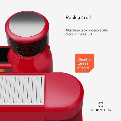 Klarstein Bella Café machine à café en grains – 19 bars, 1550 W, broyeur intégré 200 g, réservoir 1,4 L, mousseur à lait, Thermobloc, Inserts Pour 2 Tasses, rouge