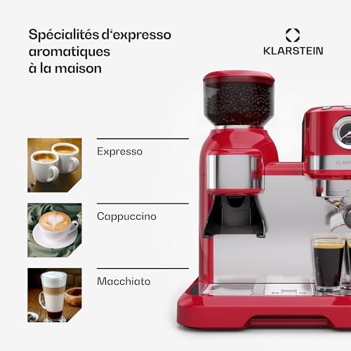 Klarstein Bella Café machine à café en grains – 19 bars, 1550 W, broyeur intégré 200 g, réservoir 1,4 L, mousseur à lait, Thermobloc, Inserts Pour 2 Tasses, rouge