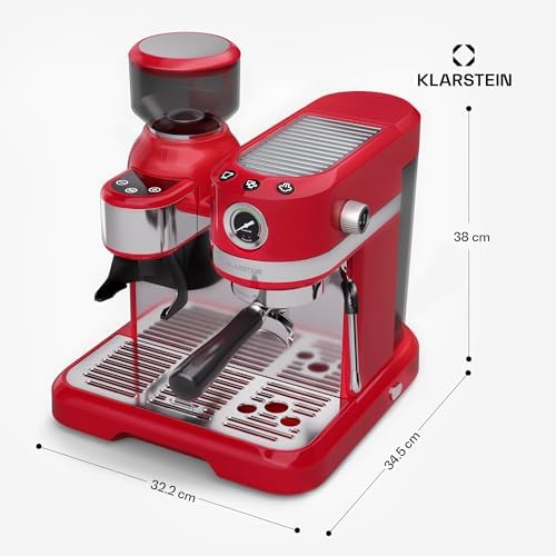 Klarstein Bella Café machine à café en grains – 19 bars, 1550 W, broyeur intégré 200 g, réservoir 1,4 L, mousseur à lait, Thermobloc, Inserts Pour 2 Tasses, rouge