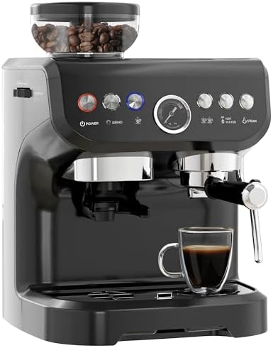 HOMCOM Machine à expresso machine à café à grains 1600W avec moulin à grains, buse vapeur, pompe italienne 15 bars, 1 ou 2 tasses, réservoir d'eau 2 L, cafetière espresso en acier inoxydable, noir
