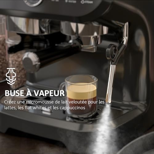 HOMCOM Machine à expresso machine à café à grains 1600W avec moulin à grains, buse vapeur, pompe italienne 15 bars, 1 ou 2 tasses, réservoir d'eau 2 L, cafetière espresso en acier inoxydable, noir