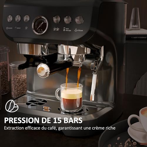 HOMCOM Machine à expresso machine à café à grains 1600W avec moulin à grains, buse vapeur, pompe italienne 15 bars, 1 ou 2 tasses, réservoir d'eau 2 L, cafetière espresso en acier inoxydable, noir