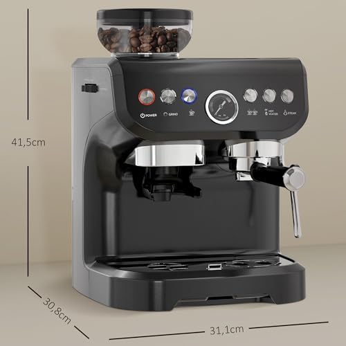 HOMCOM Machine à expresso machine à café à grains 1600W avec moulin à grains, buse vapeur, pompe italienne 15 bars, 1 ou 2 tasses, réservoir d'eau 2 L, cafetière espresso en acier inoxydable, noir