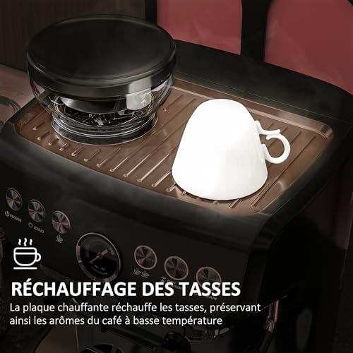 HOMCOM Machine à expresso machine à café à grains 1600W avec moulin à grains, buse vapeur, pompe italienne 15 bars, 1 ou 2 tasses, réservoir d'eau 2 L, cafetière espresso en acier inoxydable, noir